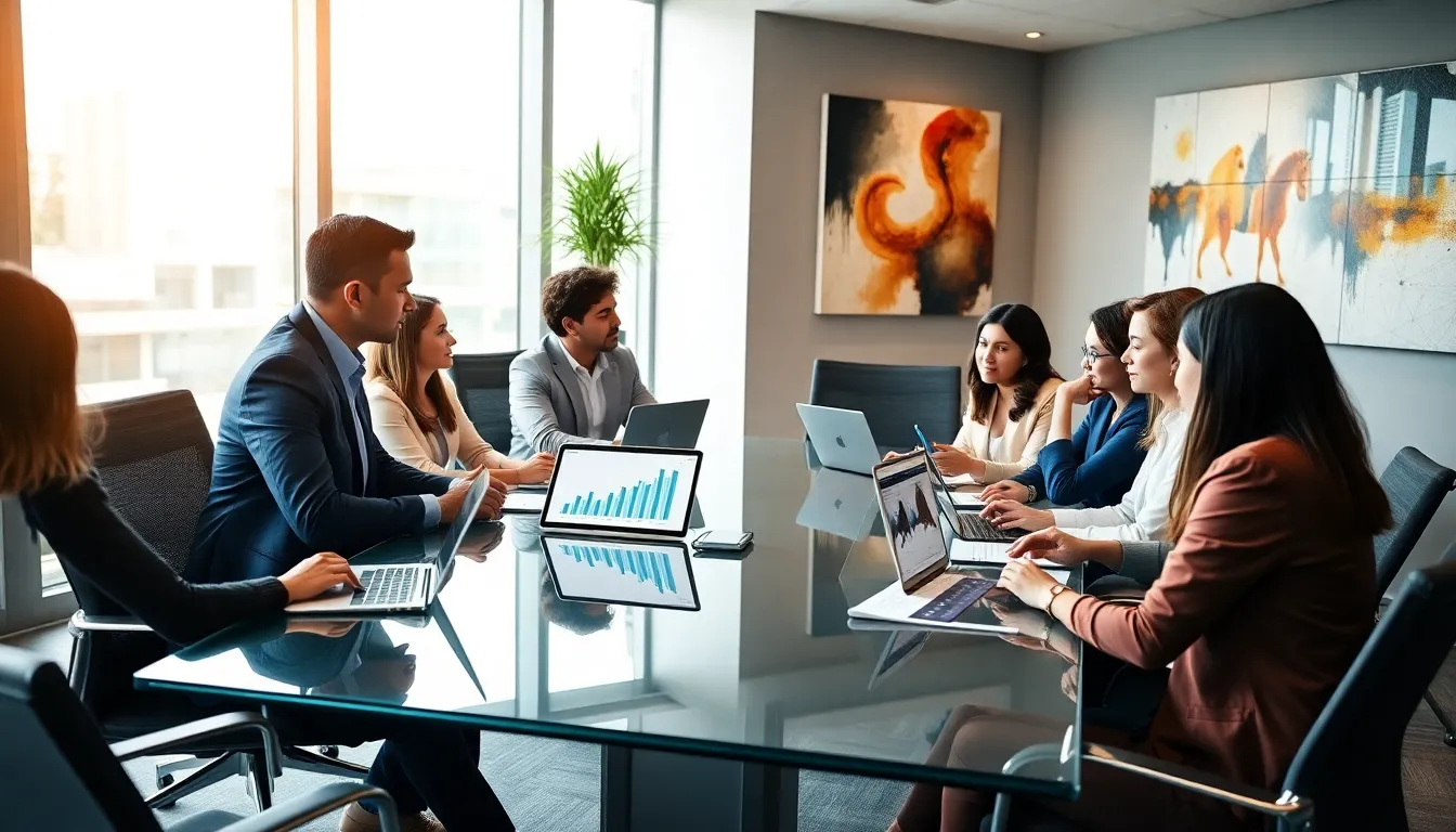 diverse professionals collaborating in a modern conference room.